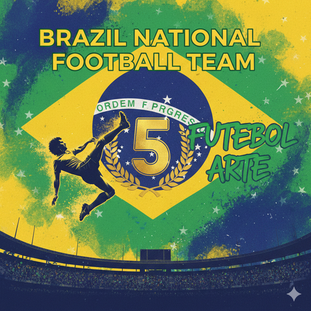 A vibrant, dynamic image capturing the essence of the Brazil national football team's legendary history and Futebol Arte style, featuring a blend of iconic yellow and green colors, possibly with a silhouette of a player or stadium, for the brazil national football team blog post.