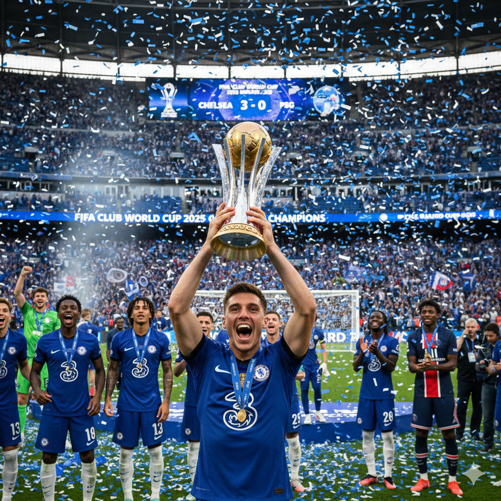 Chelsea captain celebrating with the FIFA Club World Cup Soccer 2025 trophy amidst blue confetti in a packed stadium.