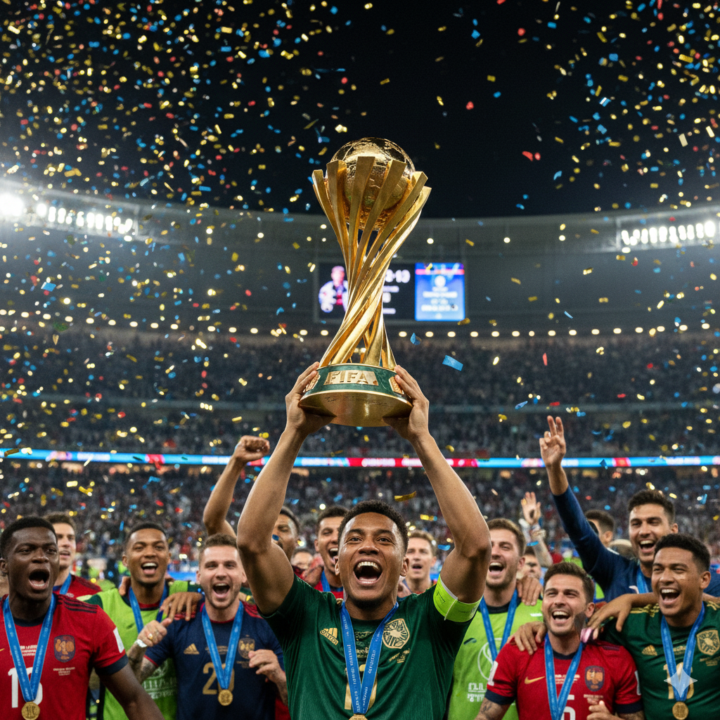 A vibrant image showing the FIFA Club World Cup trophy being lifted high, with a blurred stadium crowd celebrating in the background and confetti falling.