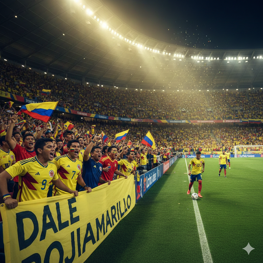 Passionate Colombian football fans celebrate with flags and banners, showcasing the energy of the colombia national football team.