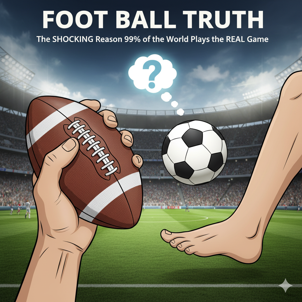 A humorous illustration contrasting an American football being held by a hand with a soccer ball being kicked by a bare foot on a stadium field. A thought bubble with a question mark hovers above, suggesting a debate over the true meaning of "foot ball."