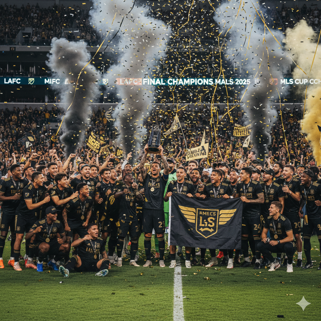 LA FC history captured as the team celebrates winning the 2022 MLS Cup with confetti and smoke in BMO Stadium.
