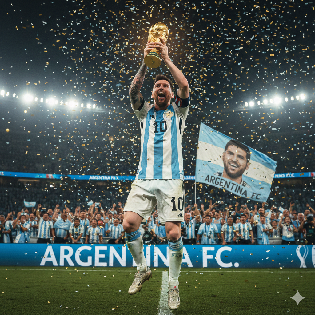 Lionel Messi lifts the World Cup trophy surrounded by golden confetti after winning the 2022 final.