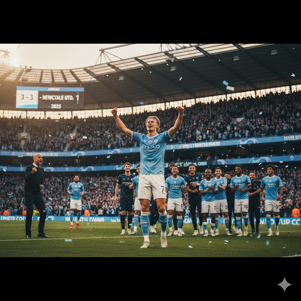 Erling Haaland celebrates a Man City victory, signaling their strong challenge in the 2025 Premier League title race.