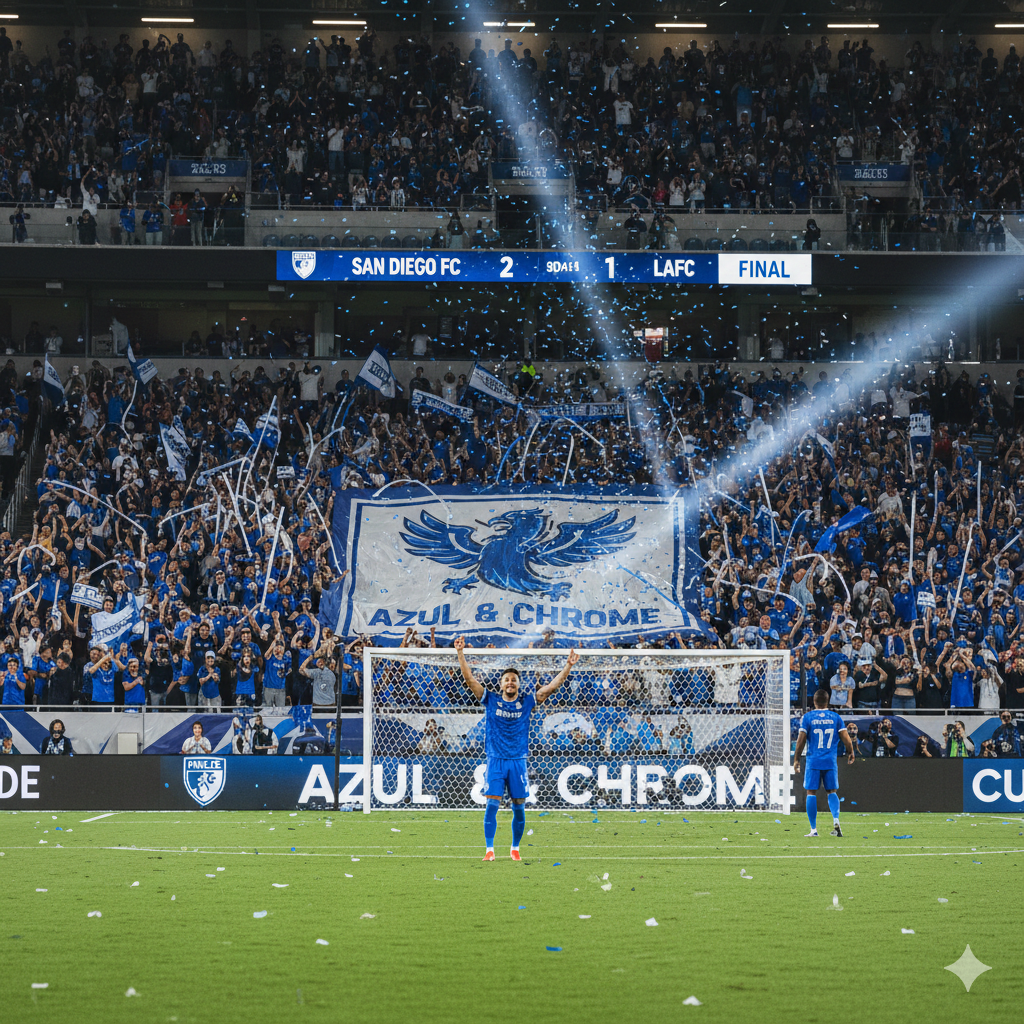 Player celebrating a winning goal for san diego football club at Snapdragon Stadium, surrounded by cheering fans and blue confetti.