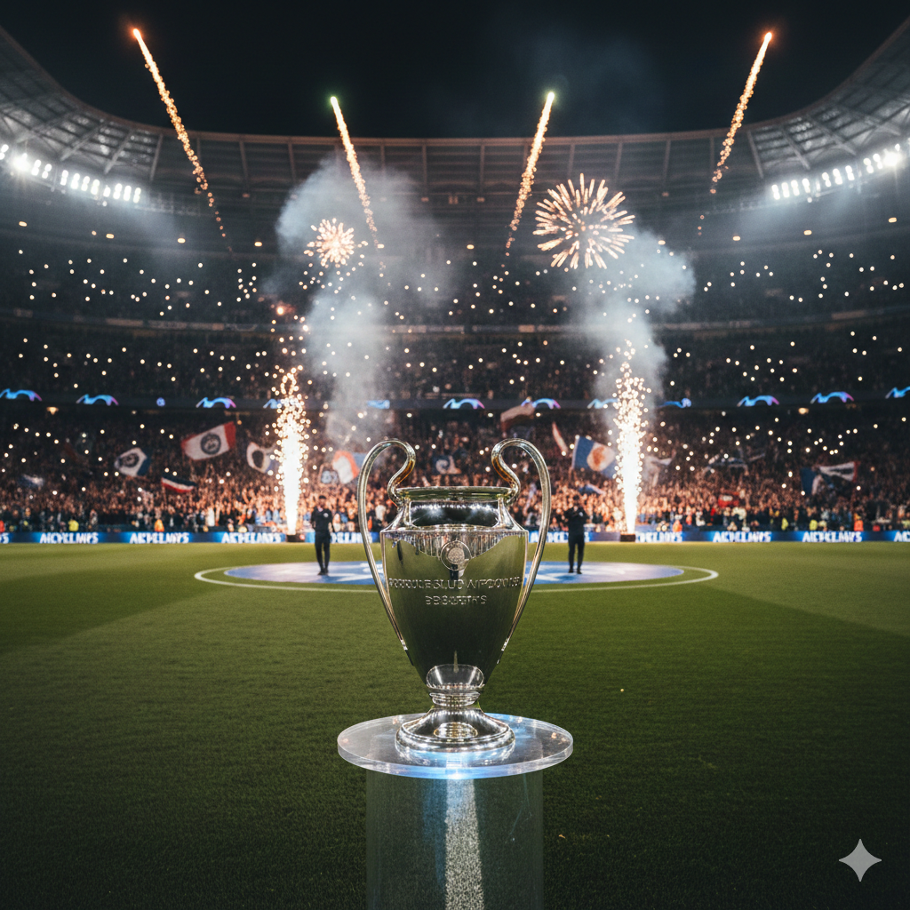 The iconic UEFA Champions League trophy on a pedestal in the center of a football pitch, with fireworks and a cheering crowd in the background during a soccer champions league final.