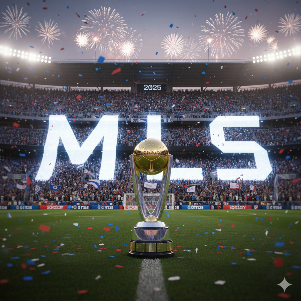 Ultimate M LS Cup 2025: Golden trophy on a soccer pitch with fireworks, cheering fans, and the glowing M LS text on the stadium screen.