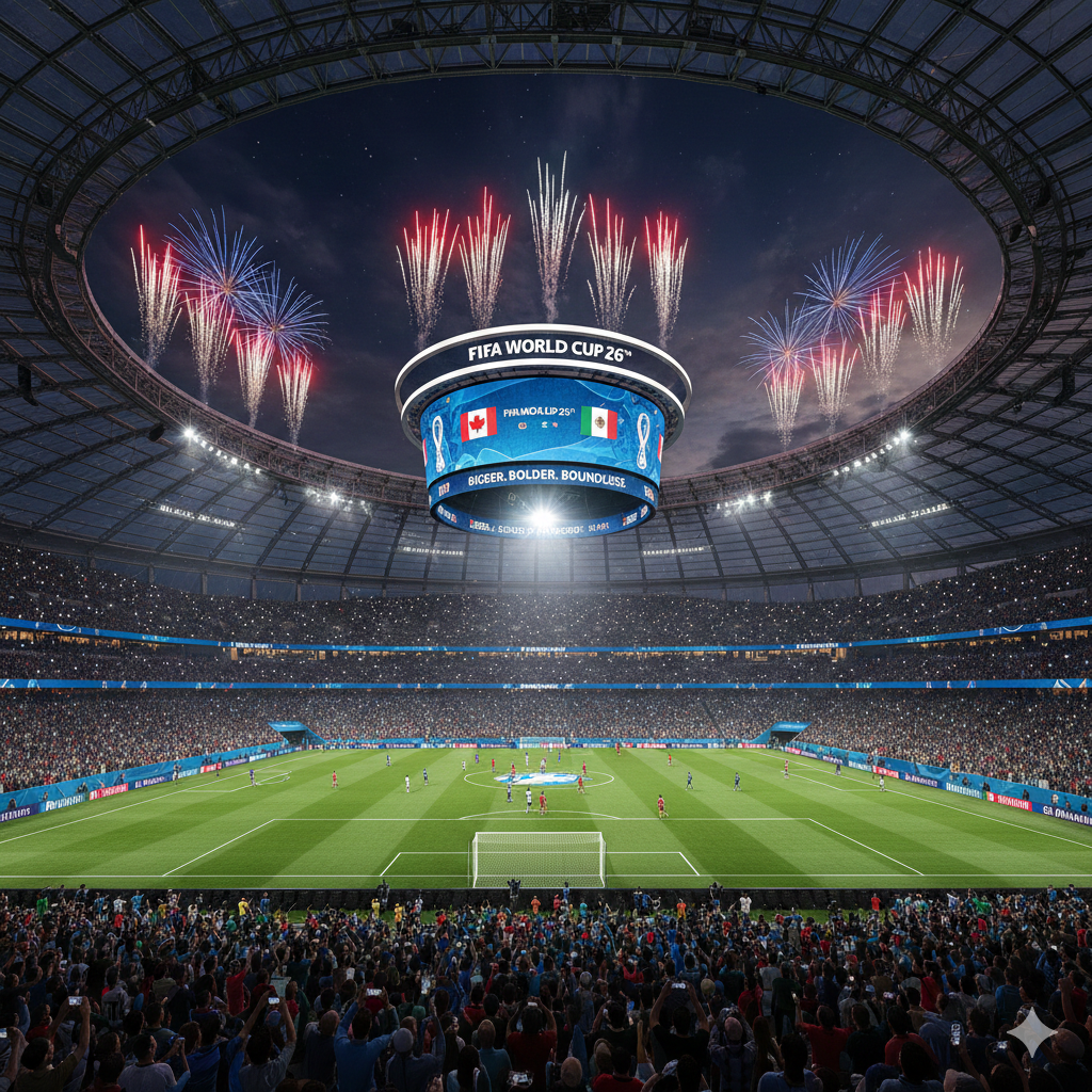 A wide-angle view of a packed stadium during the 2026 football world cup featuring fireworks and the official tournament branding.
