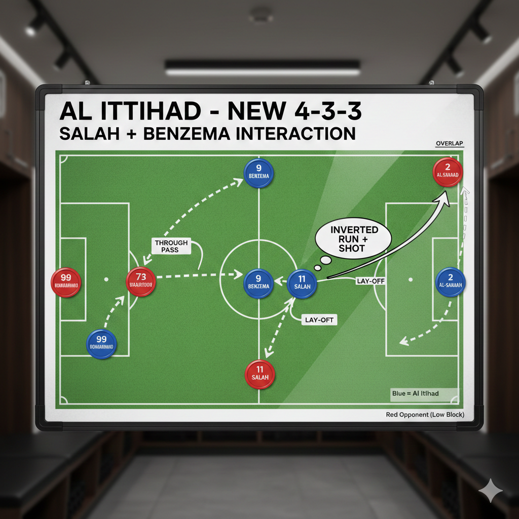 "Tactical Board" mockup showing how Mohamed Salah and Karim Benzema would interact in Al Ittihad's new-look 4-3-3