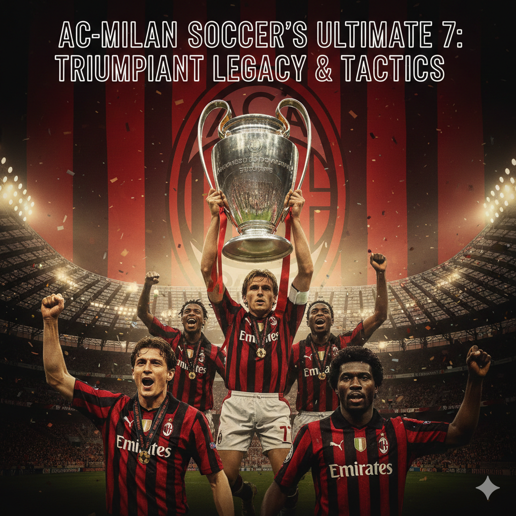 AC Milan Soccer legends celebrating a triumphant Champions League victory under the San Siro lights, emphasizing the club's ultimate legacy of 7 European titles.
