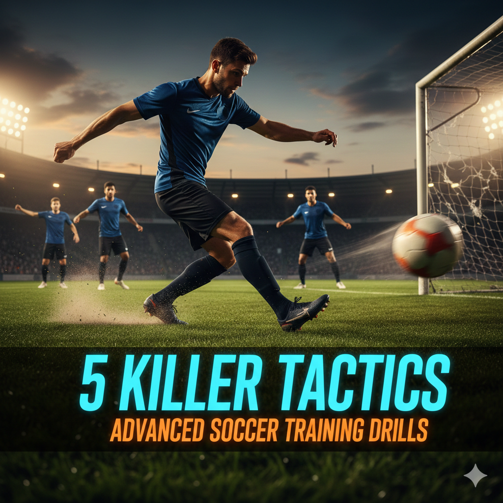 A professional soccer player executing a powerful shot on goal during intense training under floodlights, showcasing advanced soccer training drills.