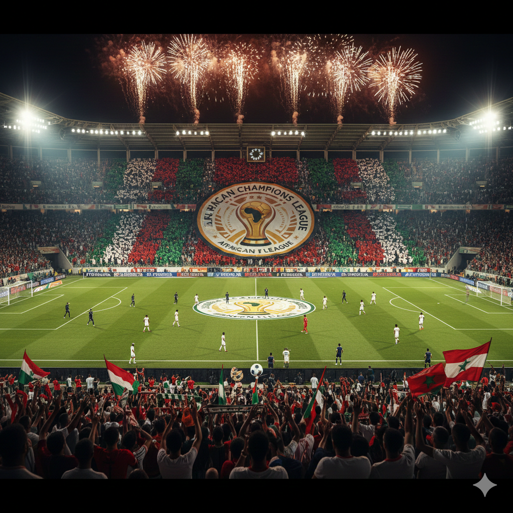 A packed stadium with fireworks and a massive center circle flag celebrating the African Champions League final match.