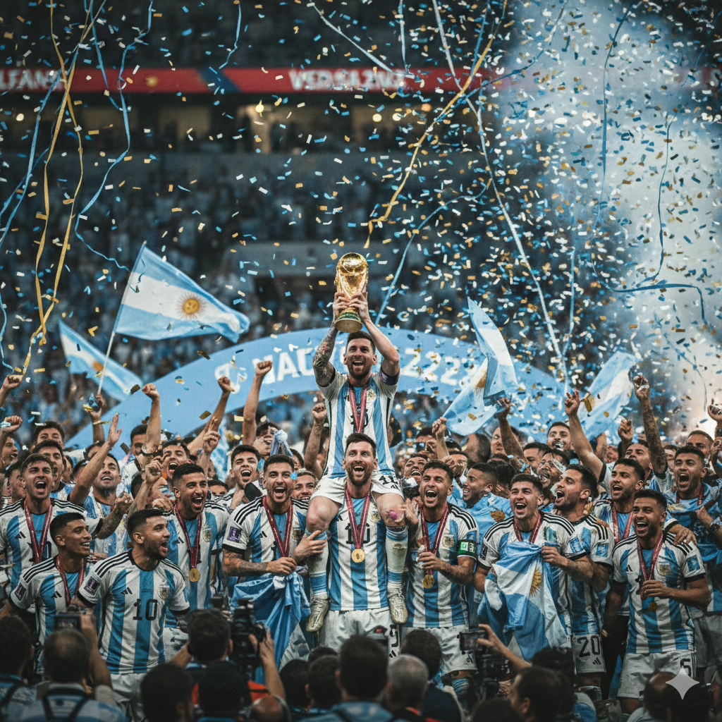 The argentina soccer team celebrates its historic World Cup win with Lionel Messi lifting the trophy.
