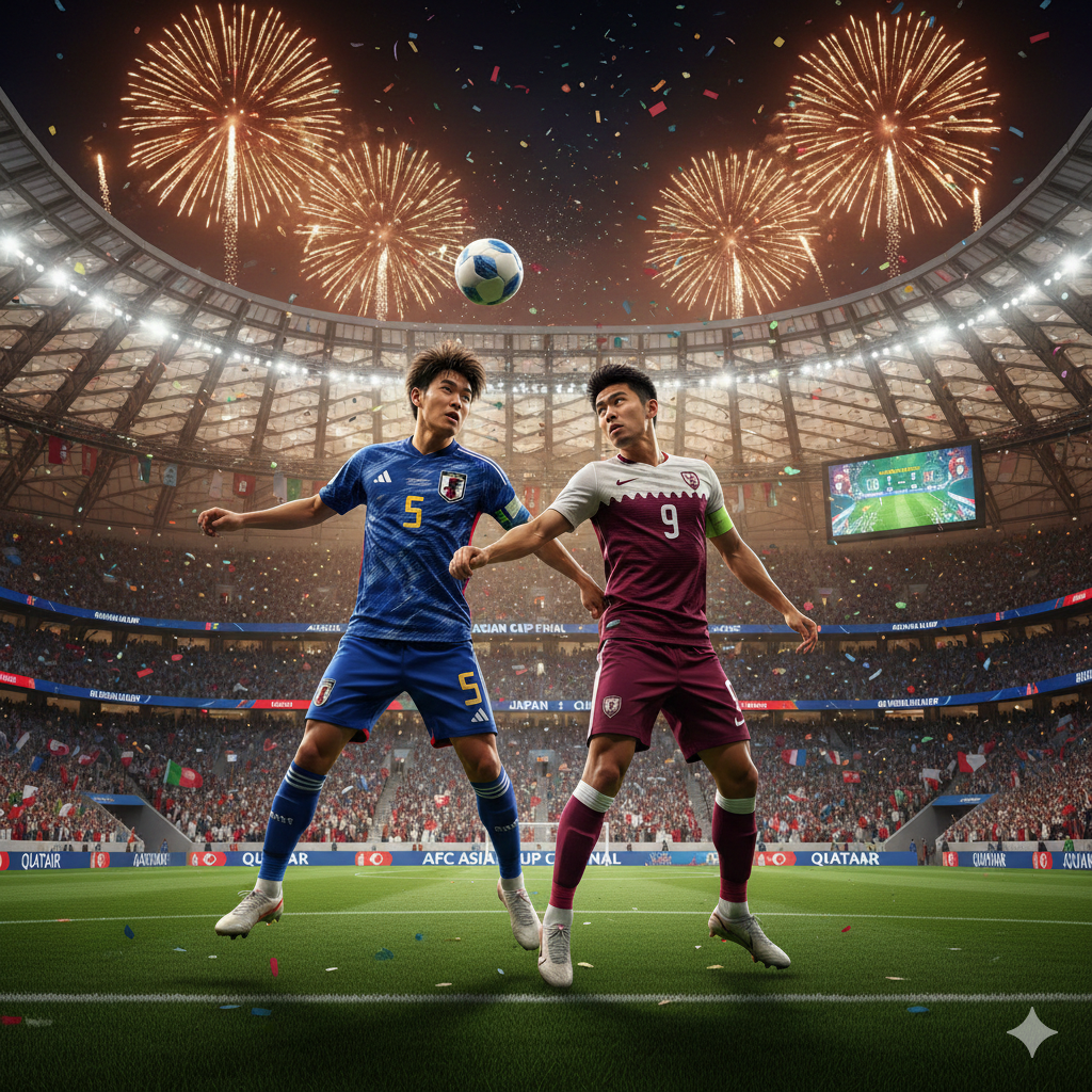 Two players from Japan and Qatar competing for the ball in the final match of the Asian Cup under stadium lights and fireworks.