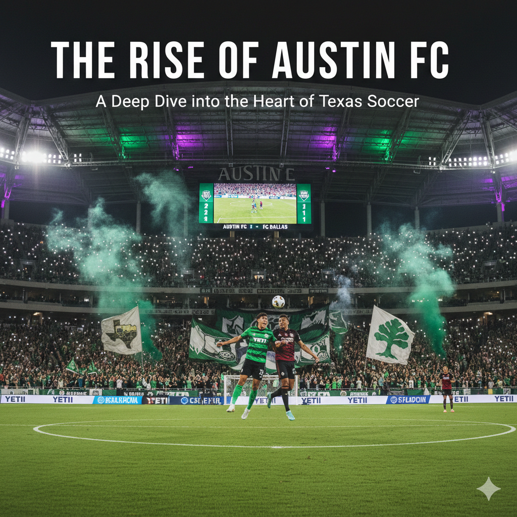 A vibrant night scene at Q2 Stadium showing Austin FC fans with green smoke and flags during a match.