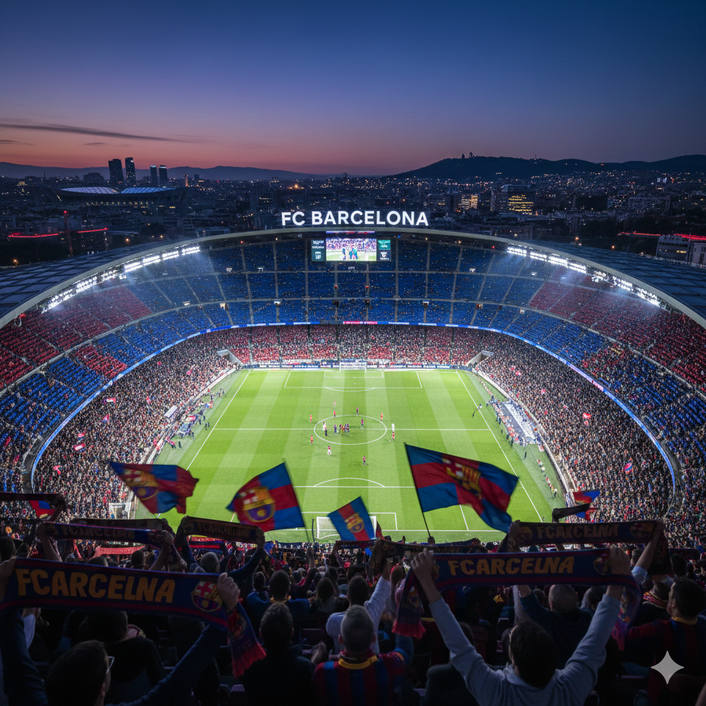 A wide-angle view of the Barcelona Football Club stadium at night with passionate fans holding scarves.
