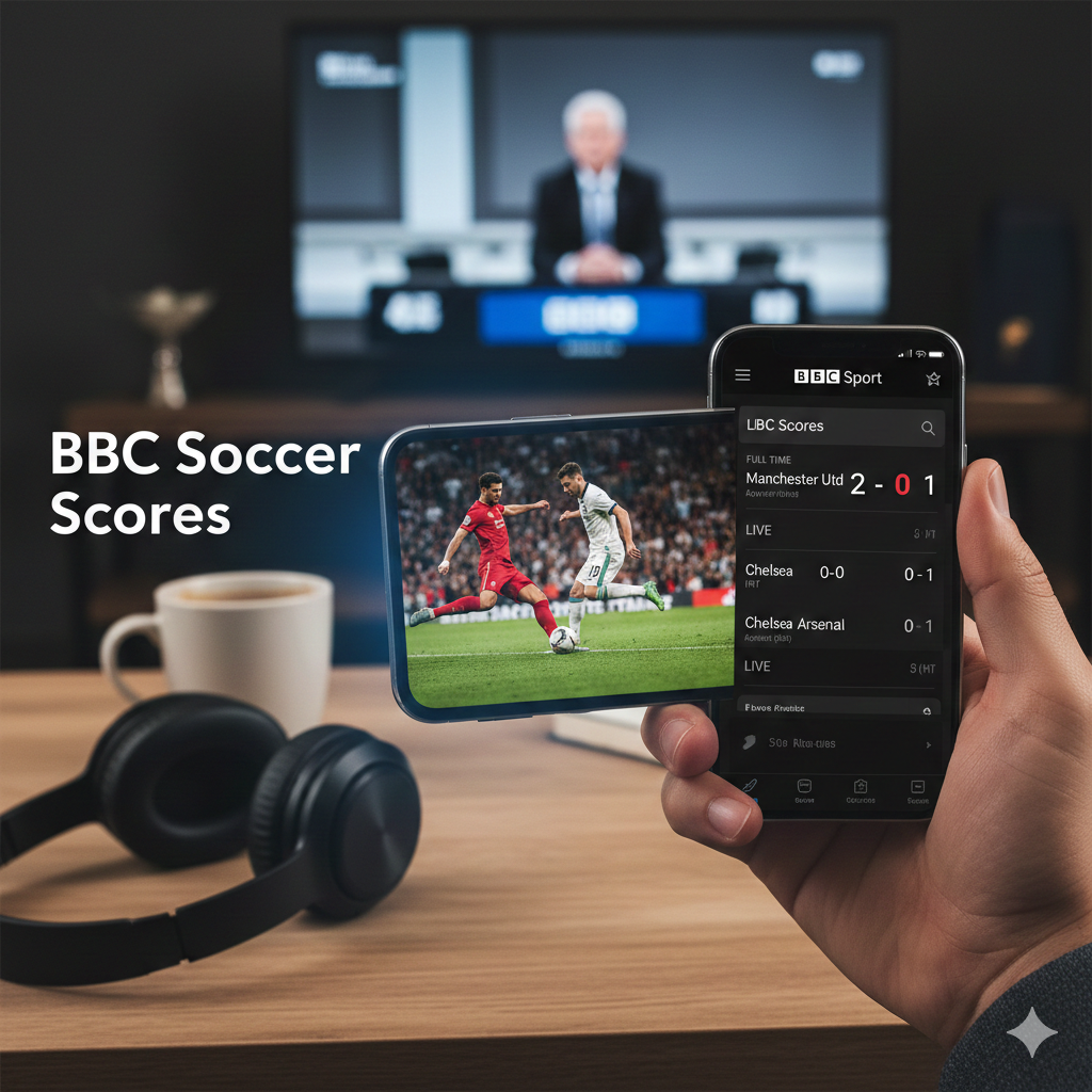 Hand holding a mobile phone displaying real-time BBC Soccer Scores and live match action, with a television showing a sports broadcast in the background.