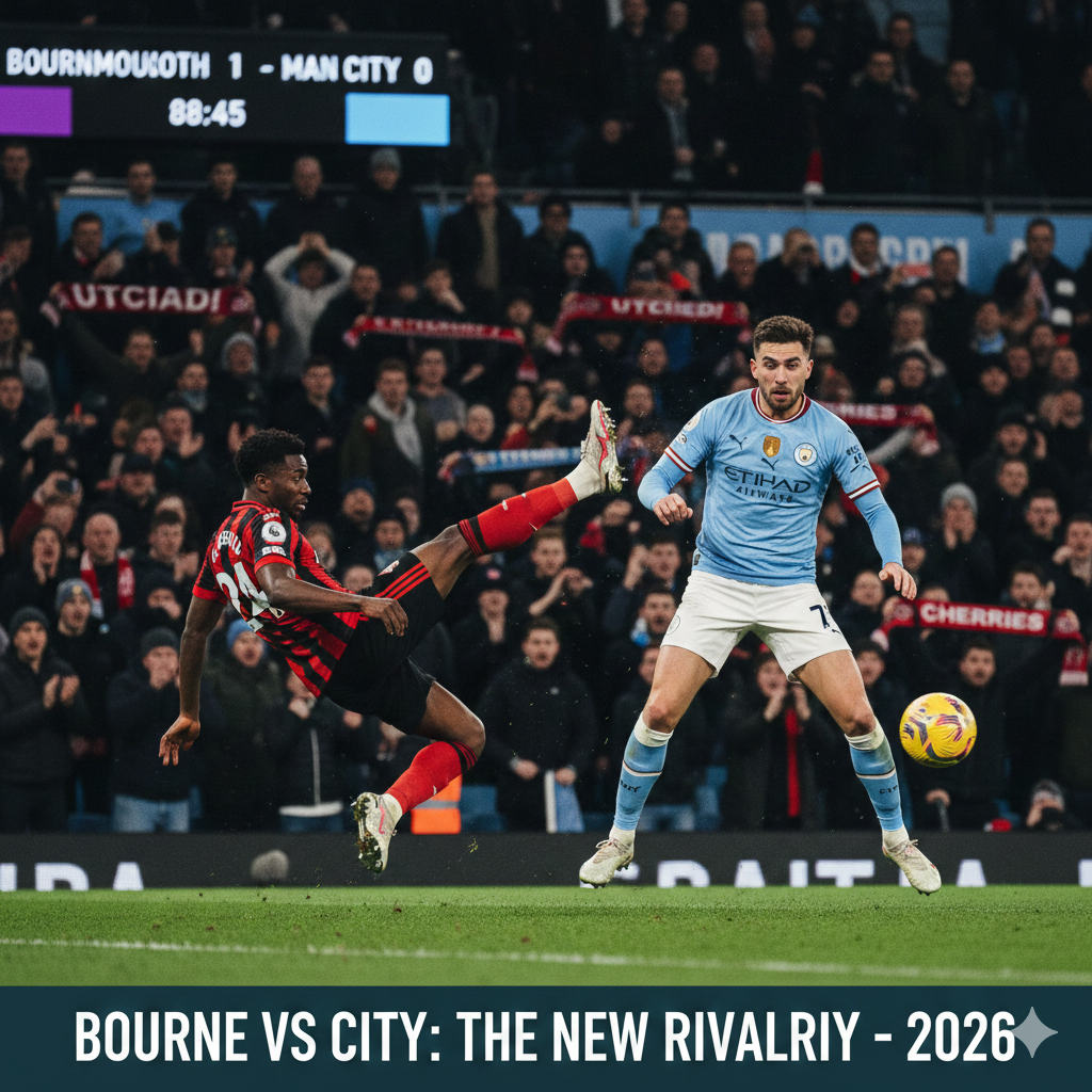 A high-action shot of a Bournemouth Manchester City football match showing a dramatic challenge in front of a crowded stadium during the 2026 season.