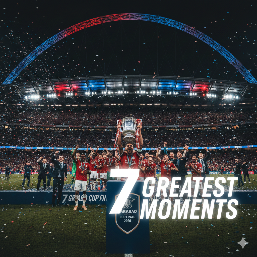 A celebratory scene at Wembley Stadium showing players lifting the carabao league cup trophy under the iconic arch.