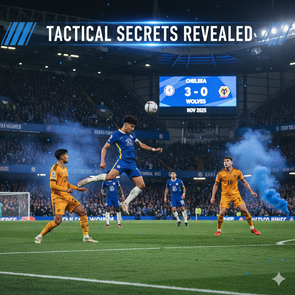 A high-action scene of a Chelsea vs Wolves football match at Stamford Bridge featuring a Chelsea player heading the ball against Wolves defenders.