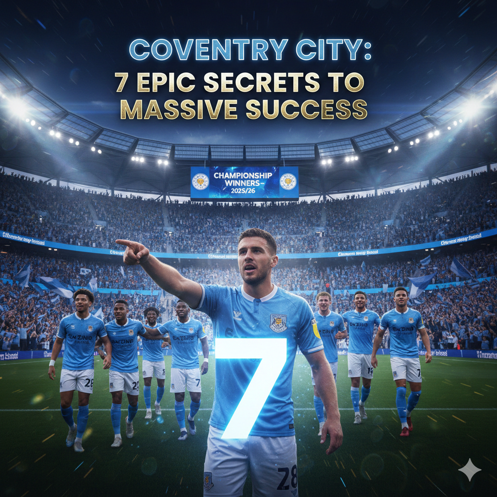 A celebratory scene of Coventry City players at the stadium with a glowing number 7, representing their secrets to success.