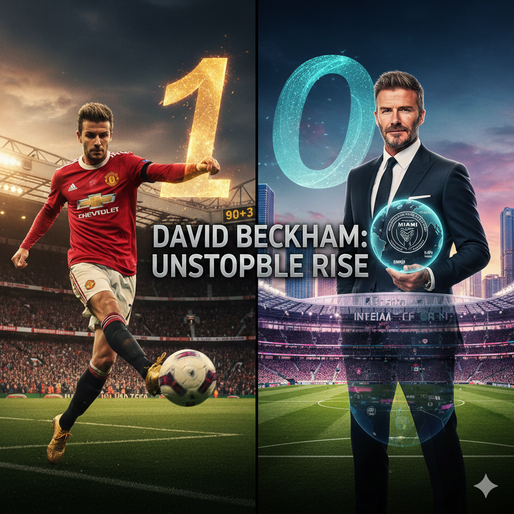 Split image showing young David Beckham in a Manchester United jersey next to a large '1' and older David Beckham in a suit holding a glowing Inter Miami CF sphere, symbolizing his unstoppable rise from player to owner.