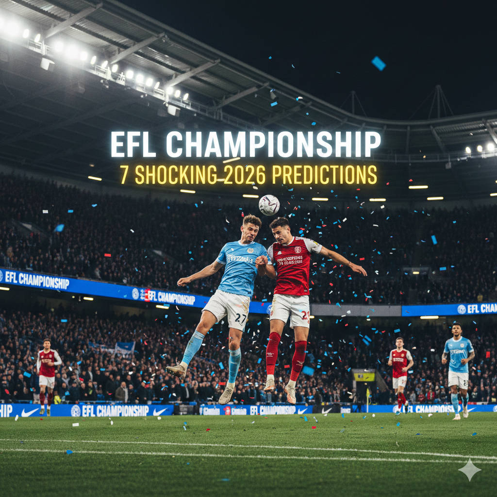 A high-intensity match in the efl championship under stadium lights with fans cheering and ticker tape falling.