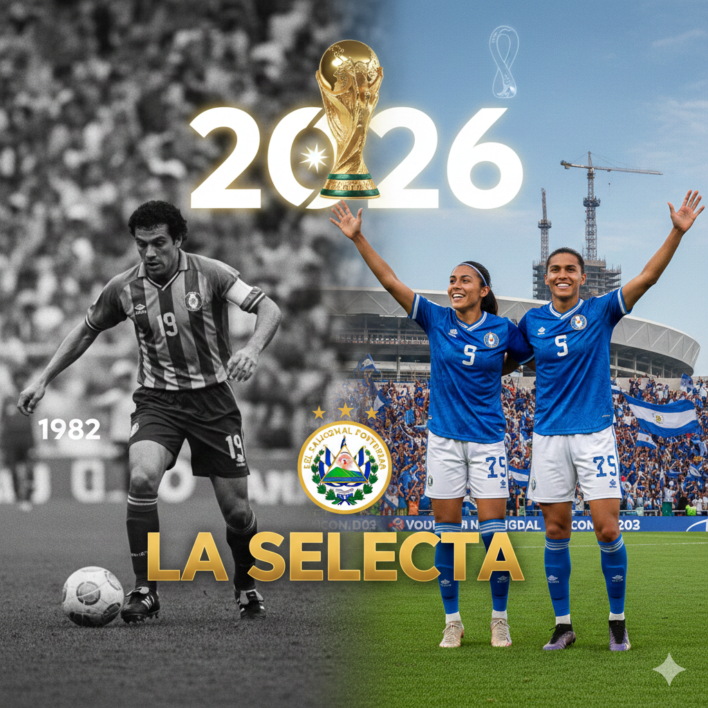 A composite image showing the history of the el salvador national football team: on the left, Jorge 'Mágico' González in the 1982 World Cup (black and white); on the right, two modern women players celebrate in front of a stadium under construction, with '2026' and the World Cup trophy.