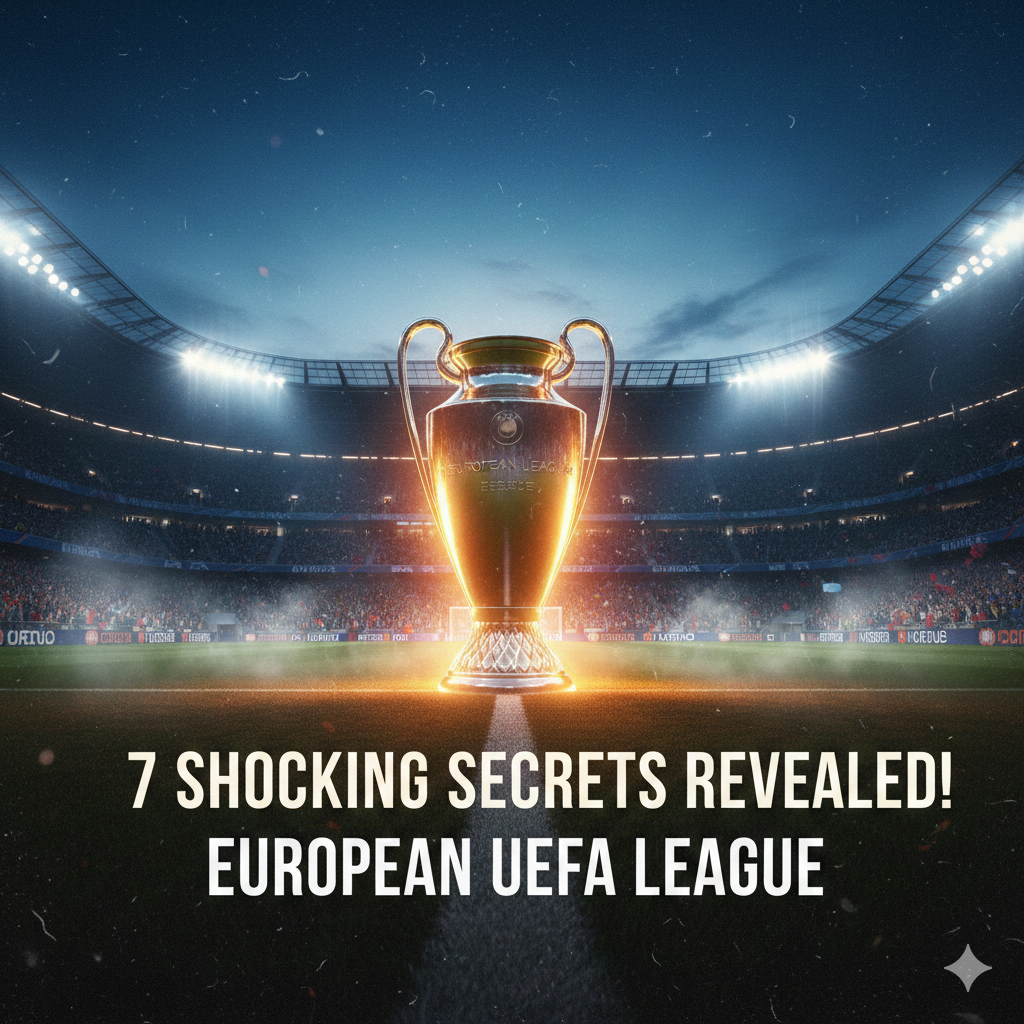 The glowing golden trophy of the European UEFA League centered on a dimly lit football pitch in a crowded stadium.