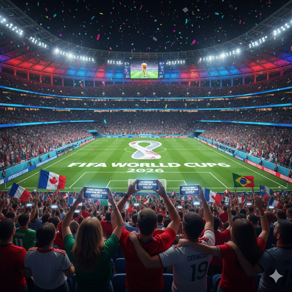 Fans celebrating inside a massive stadium displaying the "FIFA WORLD CUP 2026" logo on the pitch, signifying the demand for FIFA World Cup 2026 Tickets.