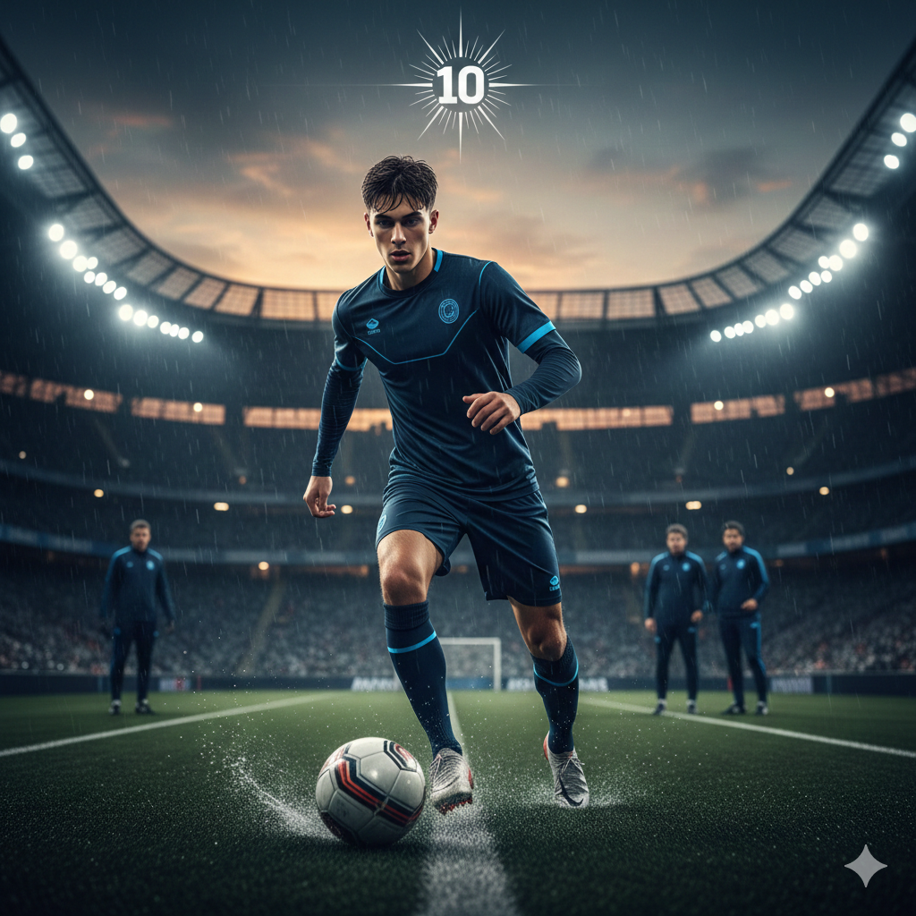 A determined young soccer star dribbling a ball in a rain-slicked professional stadium during a high-stakes match.