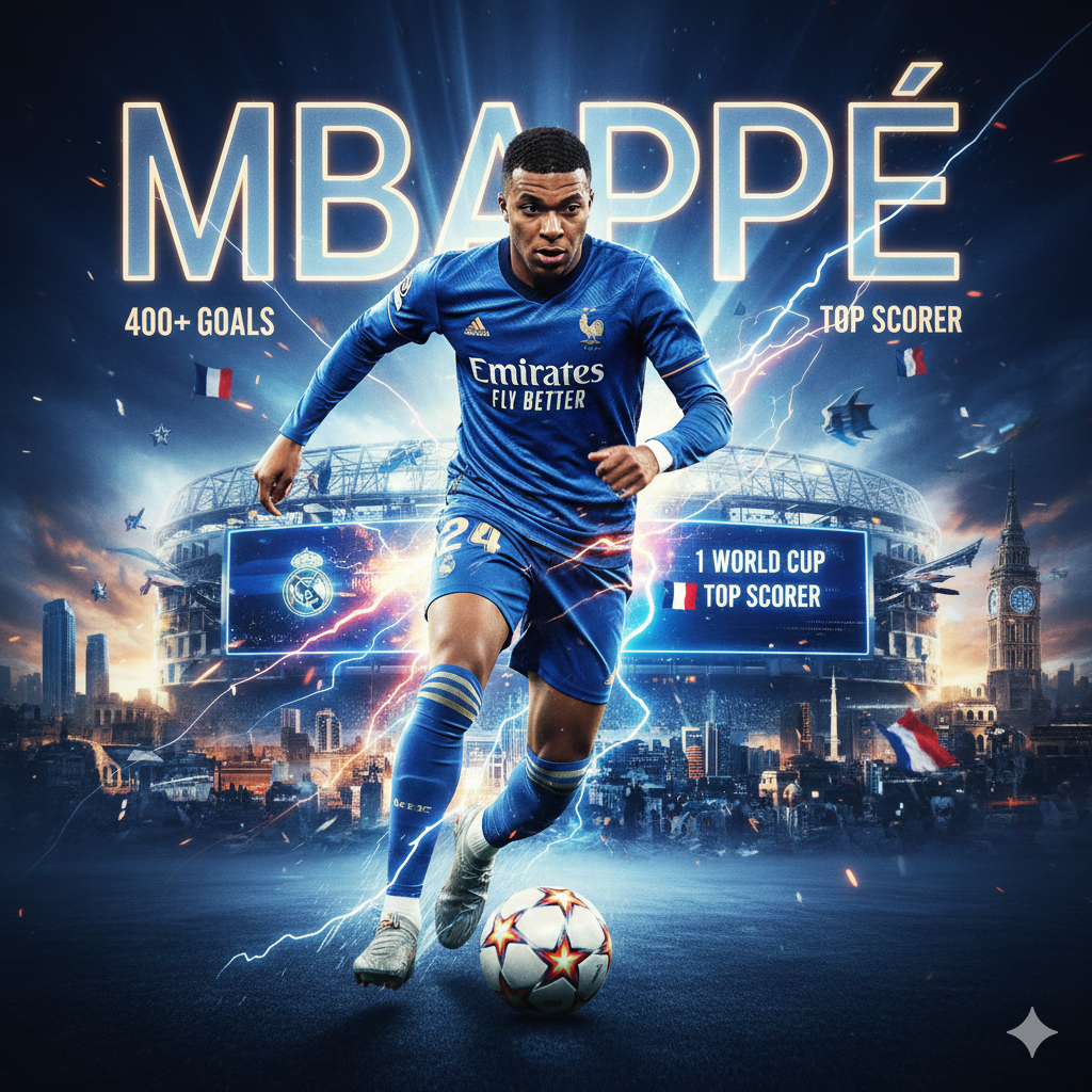 Image of Kylian Mbappé dominating a football pitch, symbolizing his generational impact and statistical anomaly.