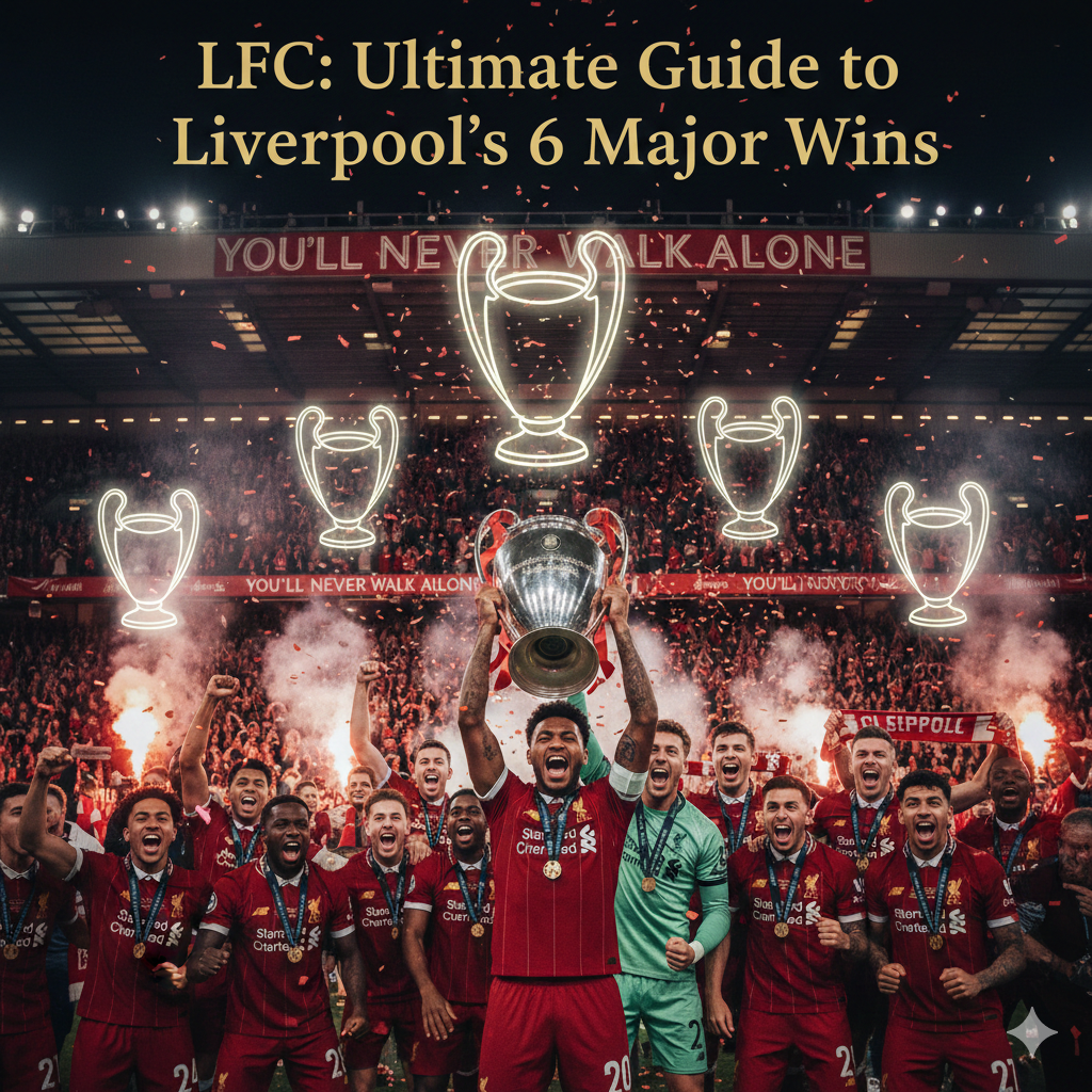 LFC players celebrating their Champions League victory holding the trophy high with six neon cup outlines signifying LFC's 6 major European wins.