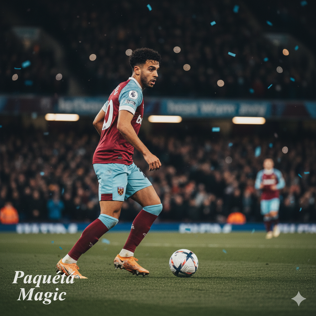 A high-action shot of Lucas Paqueta controlling the ball during a Premier League match for West Ham United.