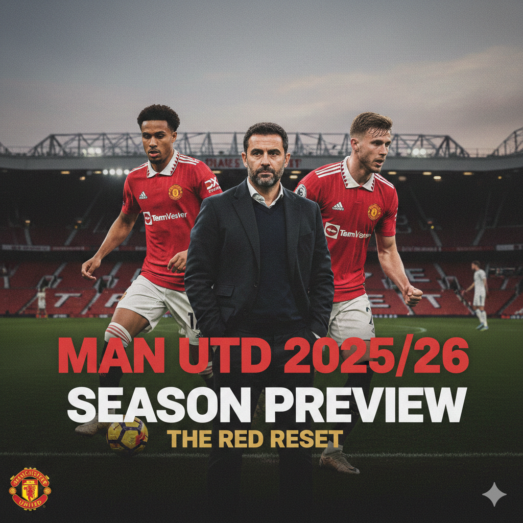 Man Utd manager Rúben Amorim standing between new signings Matheus Cunha and Benjamin Šeško at Old Trafford for the 2025/26 season preview.