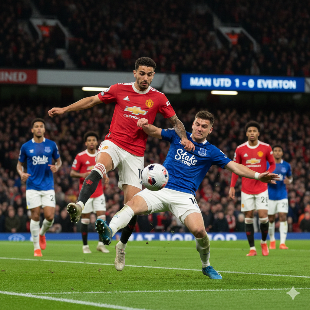 A high-intensity moment from a Manchester United v Everton match featuring players competing for the ball.