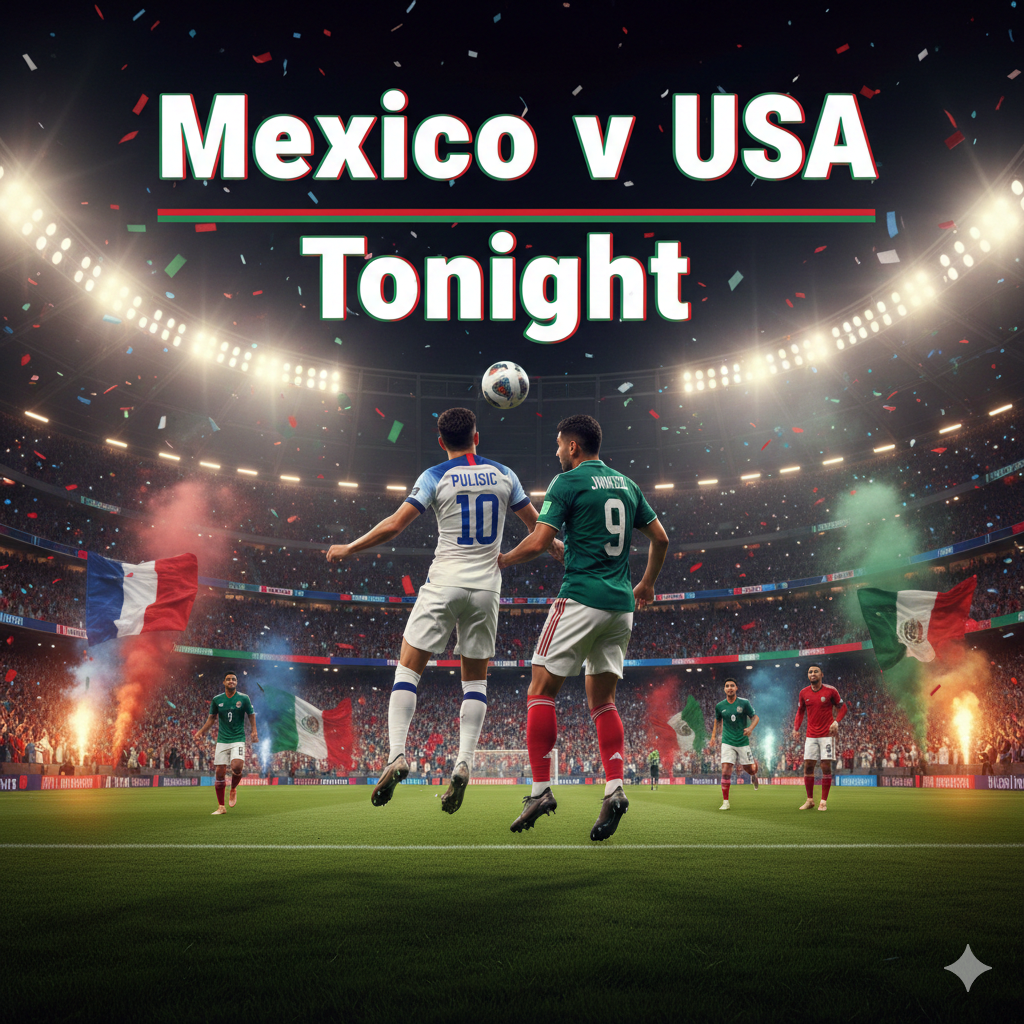 A high-intensity soccer action shot of Mexico v USA tonight with players competing in a packed, atmospheric stadium under bright lights.