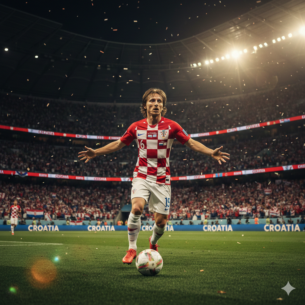 Luka Modric celebrating a goal while playing for modric croatia at a major tournament, surrounded by cheering fans.