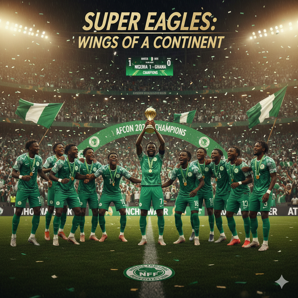 The Nigeria national football team players celebrating on the pitch in their iconic green kits.