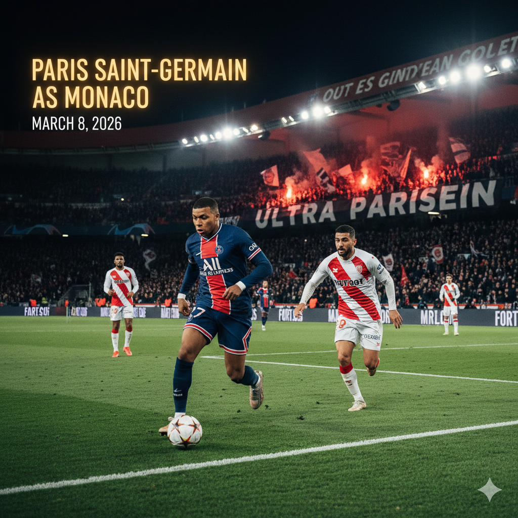 A high-intensity action shot of Paris Saint Germain as Monaco players competing at the Parc des Princes stadium.