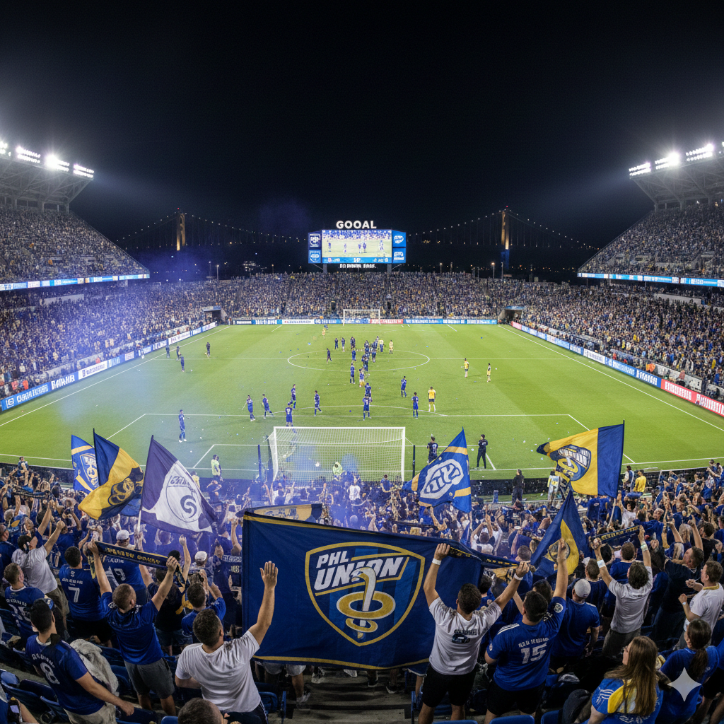 A vibrant night scene of a phl union soccer match with fans waving flags and the Commodore Barry Bridge in the background.