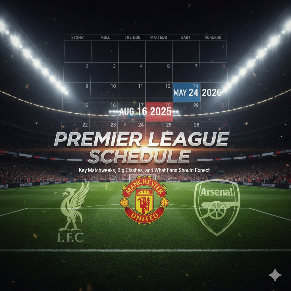 Premier League Schedule 2025-2026 fixture calendar with Liverpool, Man Utd, and Arsenal badges, highlighting the key start and end dates.