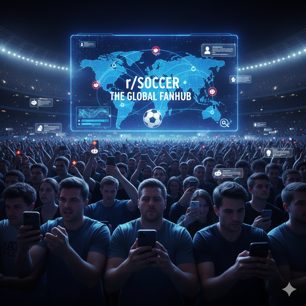 reddit soccer fans at a stadium using phones to access a global digital fan hub overlay, showing the worldwide reach of the reddit soccer community