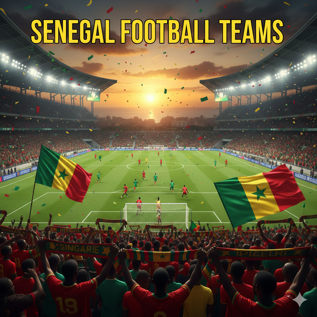 A vibrant crowd of fans cheering for Senegal football teams at a packed national stadium during sunset.