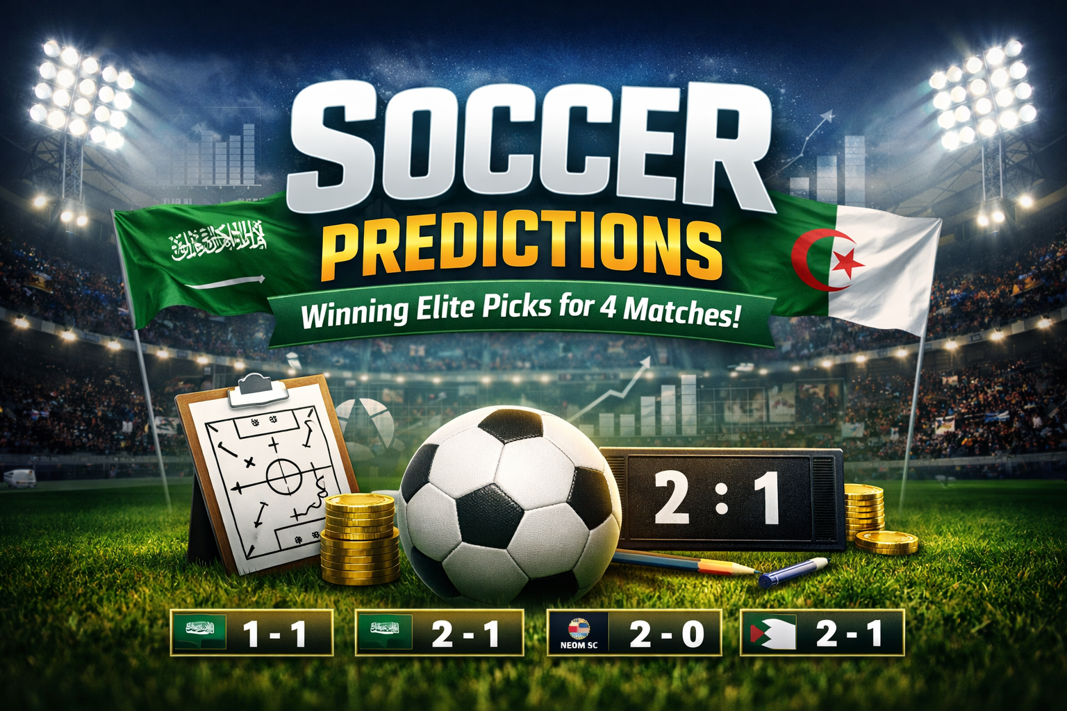 Dynamic blog featured image for soccer predictions, showing Saudi Arabia and Algeria matchups with a stadium background, tactical diagram, soccer ball, scoreboard, and predicted scores for four matches.