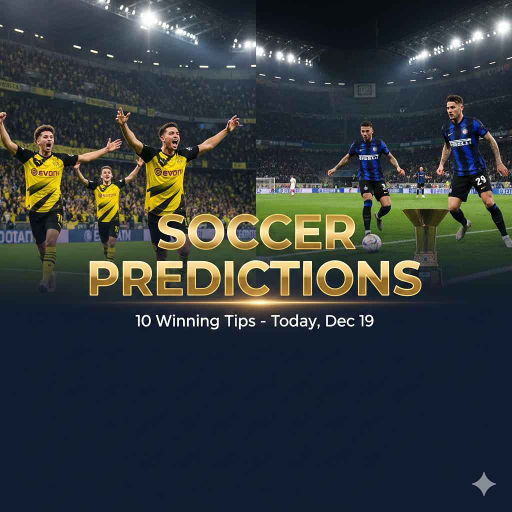 Professional graphic featuring soccer players from Inter Milan and Dortmund with the text soccer predictions.