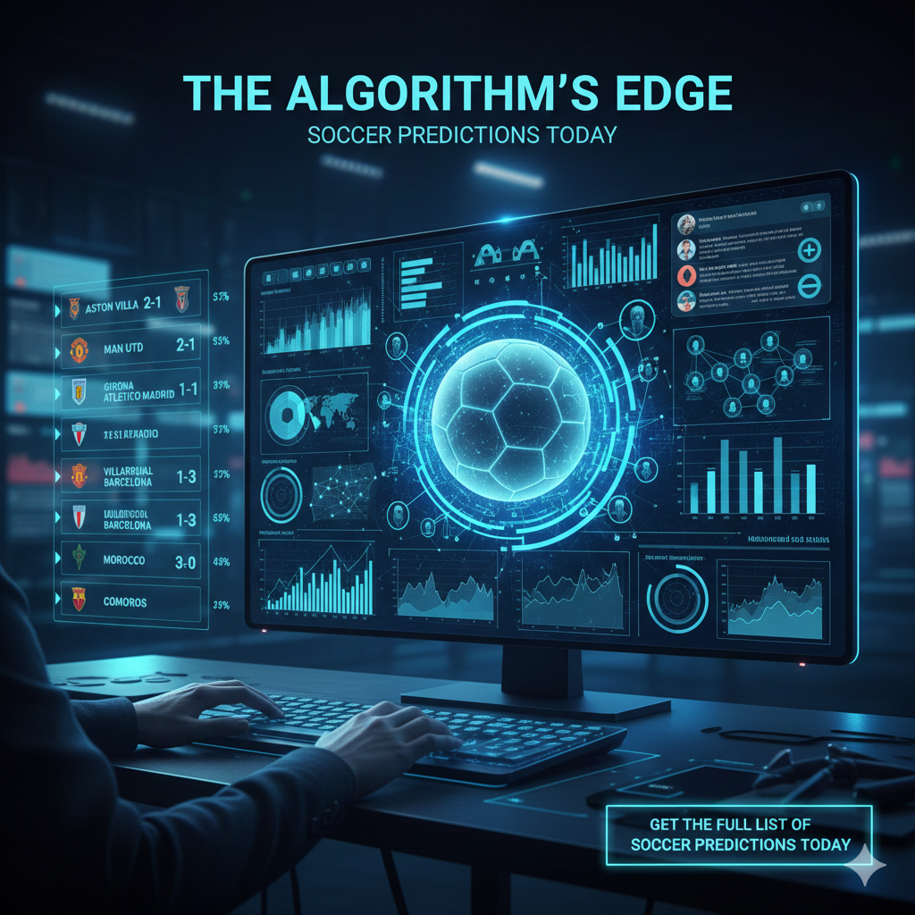 A futuristic data dashboard displaying advanced algorithmic soccer predictions today for major European leagues.