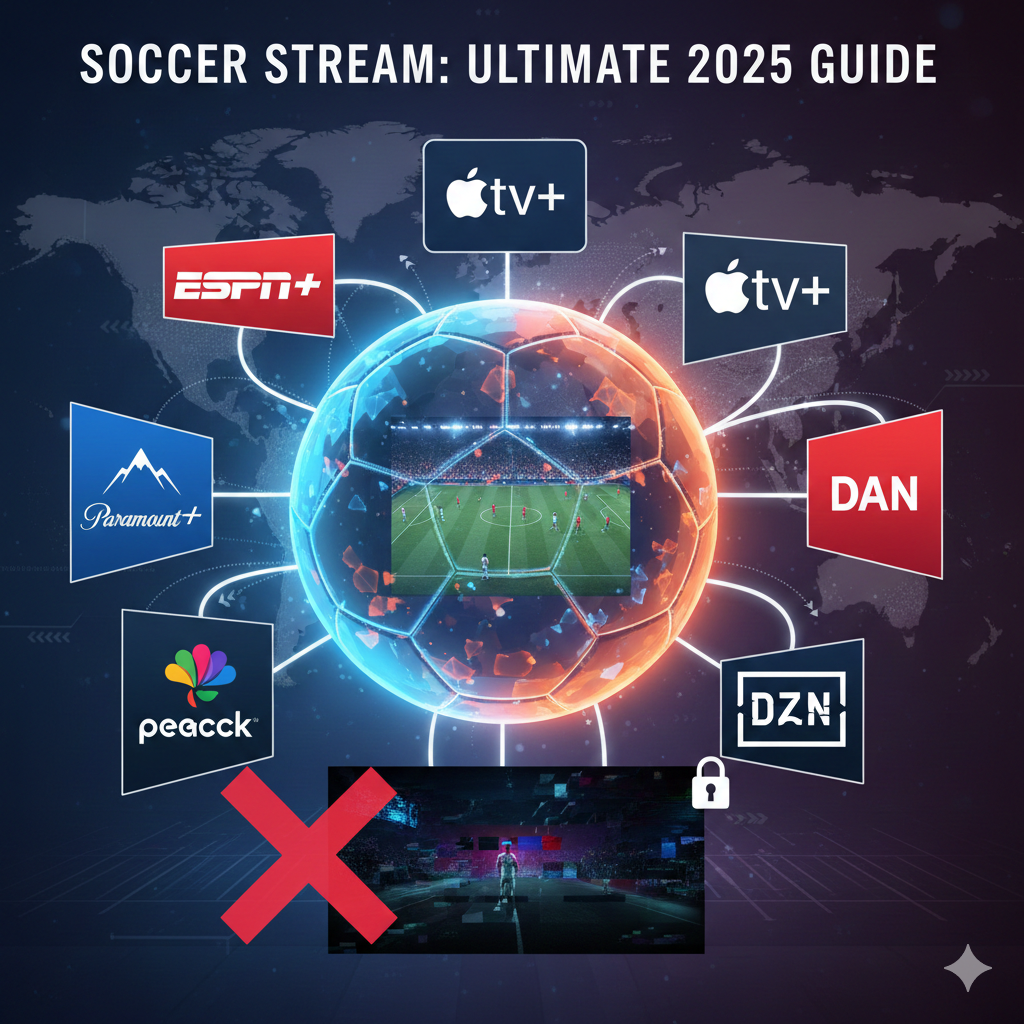 Soccer Stream Ultimate Guide 2025: Legal streaming logos (ESPN+, Peacock, Apple TV, Paramount+), contrasted with a red 'X' over a pirate streaming site graphic.