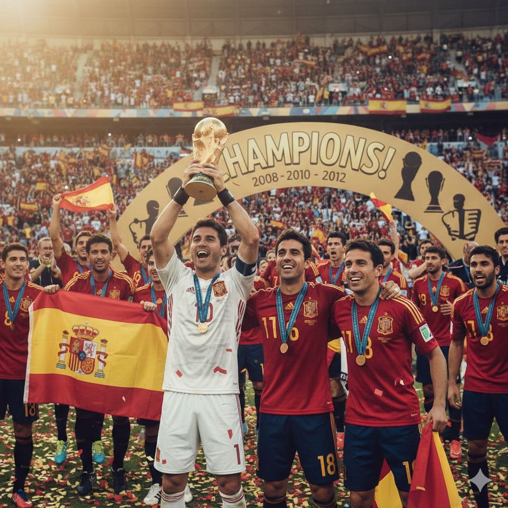 Iker Casillas and the Spain National Team celebrating their World Cup victory, marking the golden era.
