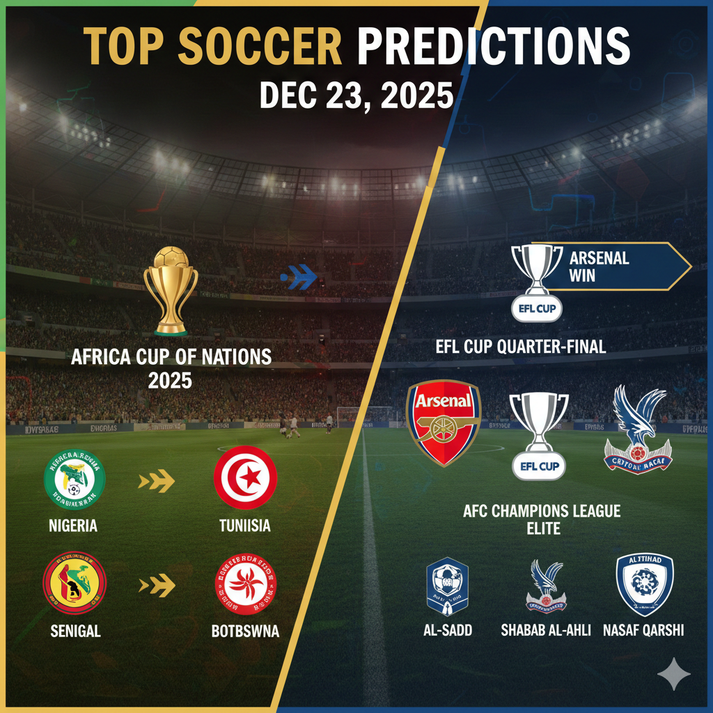 Infographic showing top soccer predictions for AFCON 2025, Arsenal vs Crystal Palace EFL Cup, and AFC Champions League matches.